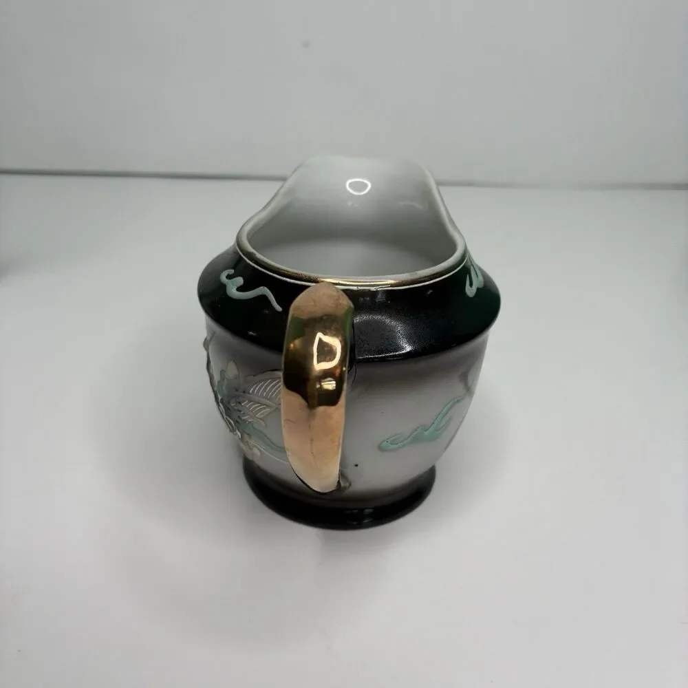 Dragonware Japan Moriage Lithophane Black Gray Blue Tea Pot Creamer Sugar Set